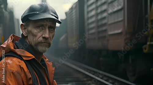a man in an orange jacket and hat standing next to a train photo
