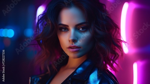 Close-up portrait of a beautiful young brunette woman with blue eyes, fresh makeup, with direct gaze into the camera on a neon blue rose background. A model posing in the studio.