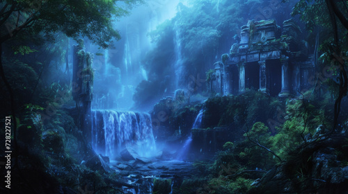 An enchanting forest graced with ancient ruins and cascading waterfalls where the foliage glows with an otherworldly luminescence and the music of unseen creatures fills the