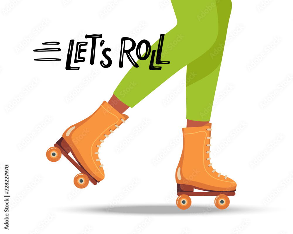 Lets Roll skating. Person skates on rollers. People rollerskater. Girl or guy legs in roller skates. Classical Roller skates, Lets Roll text. Active, Healthy lifestyle. Leisure activity 90s accessory. Lets Roll skating. Person skates on rollers. People rollerskater. Girl or guy legs in roller skates. Classical Roller skates, Lets Roll text. Active, Healthy lifestyle. Leisure activity 90s accessory.