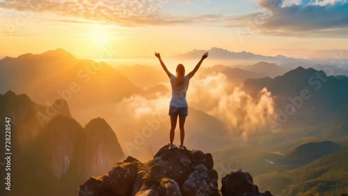 Successful women have attained peaks of personal growth and development. Woman on top of the mountain with arms open to a welcoming new day with sunrise success in business leadership winner on top,Ge photo