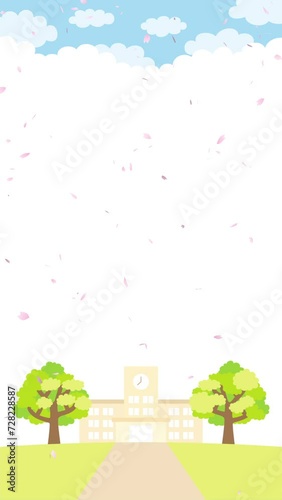 学校に桜吹雪が舞い降るアニメーション　ループ　背景　風景　コピースペース (ID: 728228587)