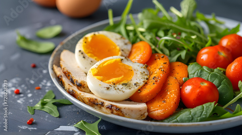 Salad with grilled chicken, egg, tomatoes and arugula in a plate on a dark background.