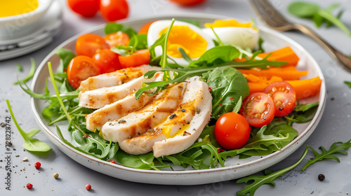 Salad with grilled chicken fillet, cherry tomatoes, arugula and eggs.