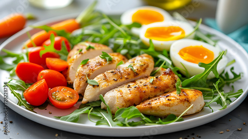 Grilled chicken fillet with arugula, cherry tomatoes and boiled eggs.