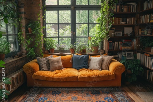 A cozy living room with furniture made of sustainable materials, solar panels visible through the window © Kanisorn