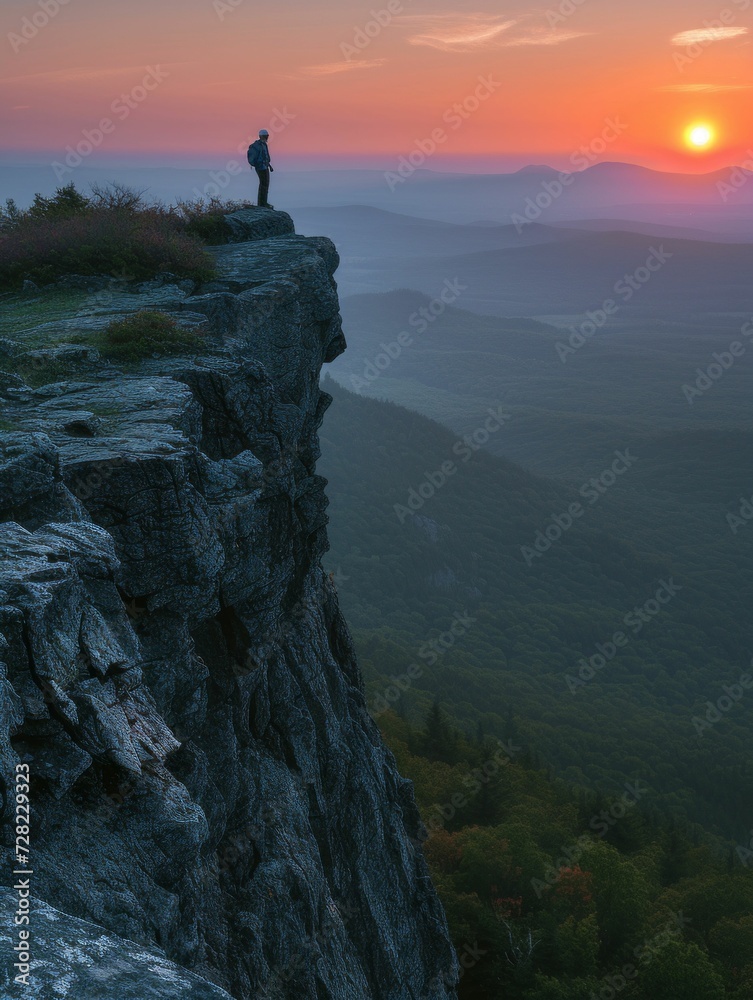 Sunrise Summit: Hiker Overlooking Valley from Mountain Peak