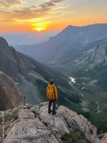 hiker standing on a mountain peak at sunrise, with expansive views of the valley below
