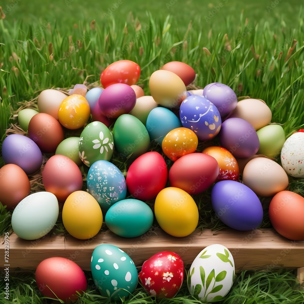 A collection of painted easter eggs celebrating a Happy Easter template with a wooden bench to place products with green grass and transparent background 