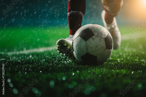 Close up of football player leg action in running game at football stadium arena for match with spotlight. Soccer sport background, green grass field. © TANATPON