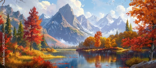 Autumn Landscape  Majestic Mountains  Serene River  and Vibrant Leaves