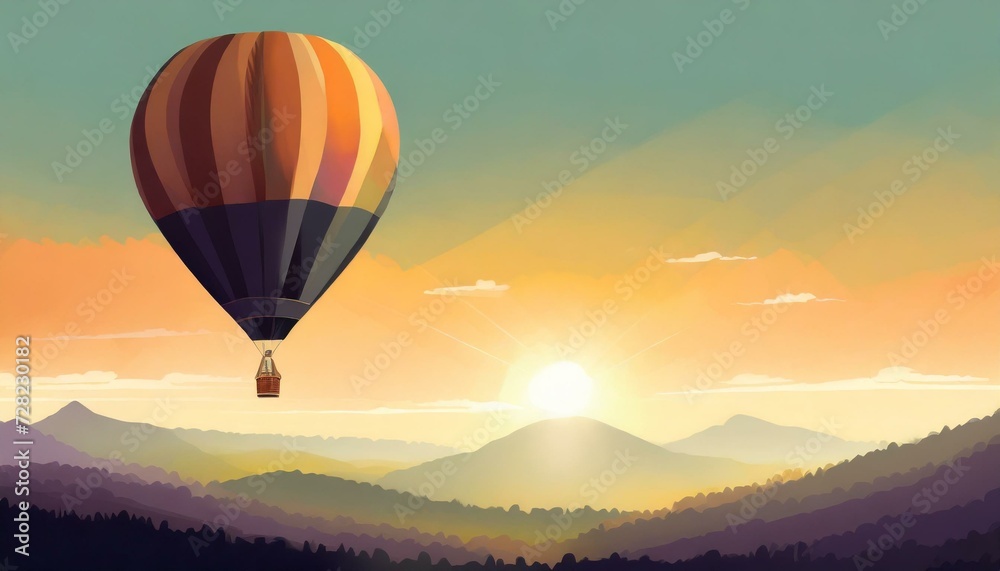 Sunset scenery with a hot air balloon. gold hour