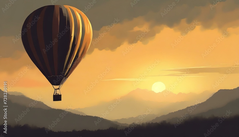 Fototapeta premium Sunset scenery with a hot air balloon. gold hour