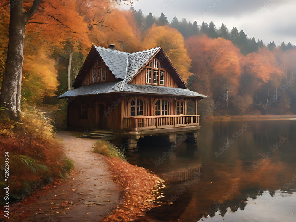 Historic architectural boathouse in the autumn forest at a natio