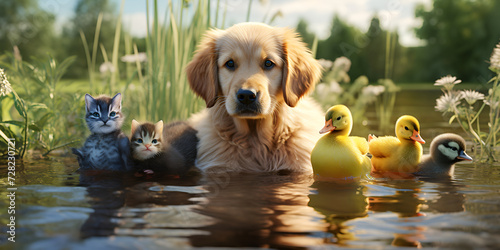 Group of golden retriever puppy,Pets gathered in a group outside in the summer dog,puppy, group, adorable, cute, puppies, playful, furry friends, canine companions, litter, photo