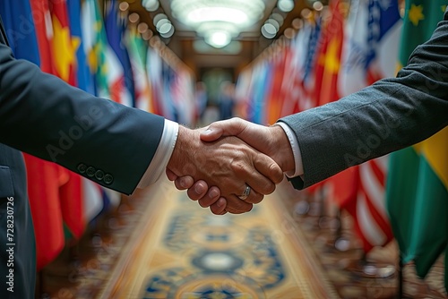 Diplomatic Handshake with Flags in HD photo