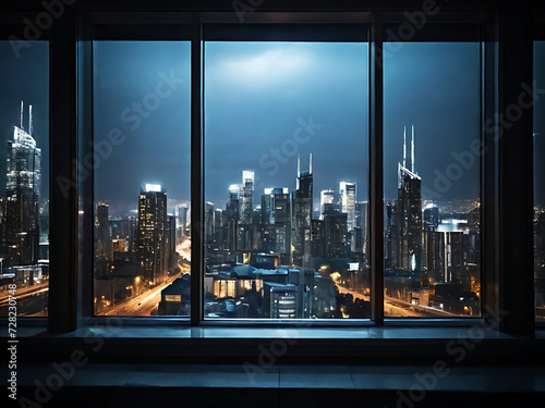 Modern Cityscape View from a High-Rise Building: Urban Night Skyline through Large Windows © Durjoy Malakar