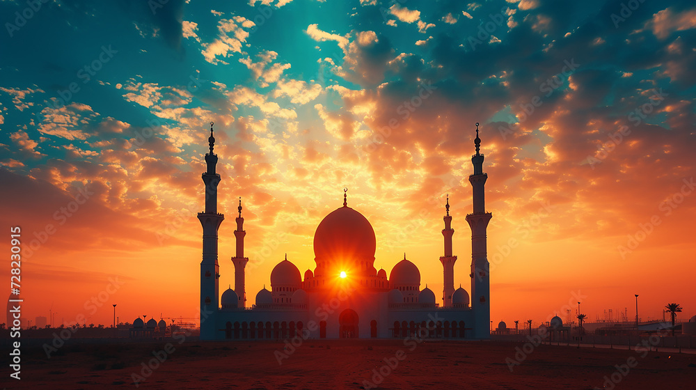 Silhouette of majestic mosque with beautiful sunset. Portrait of holy place for muslim worship praying at the afternoon sunlight before sunset. Generative AI - obrazy, fototapety, plakaty 