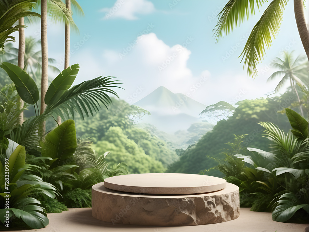 rock-podium-situated-in-the-foreground-for-showcasing-products-abstract-tropical-elements-subtly rock-podium-situated-in-the-foreground-for-showcasing-products-abstract-tropical-elements-subtly