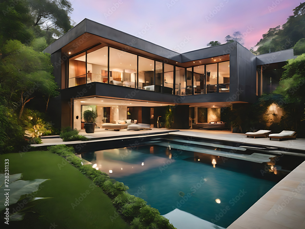 Photo of a contemporary house with a serene pool nestled amongst lush greenery
