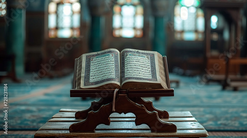 Portrait of al quran on the folding table in the mosque. Holy book for muslim worship. Generative AI photo