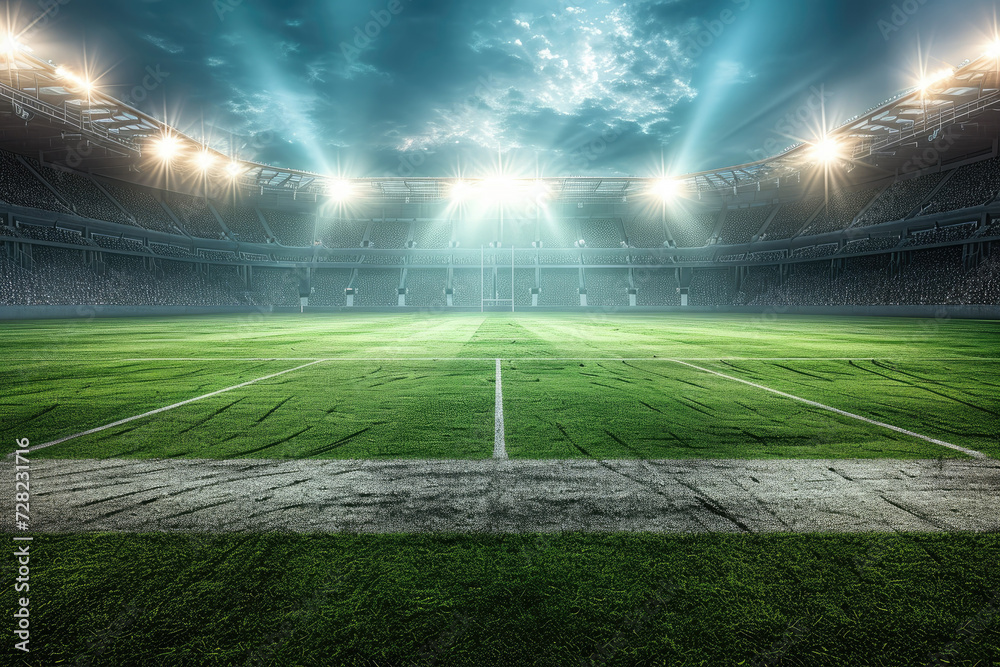 Football stadium arena for match with spotlight. Soccer sport background, green grass field for competition champion match.