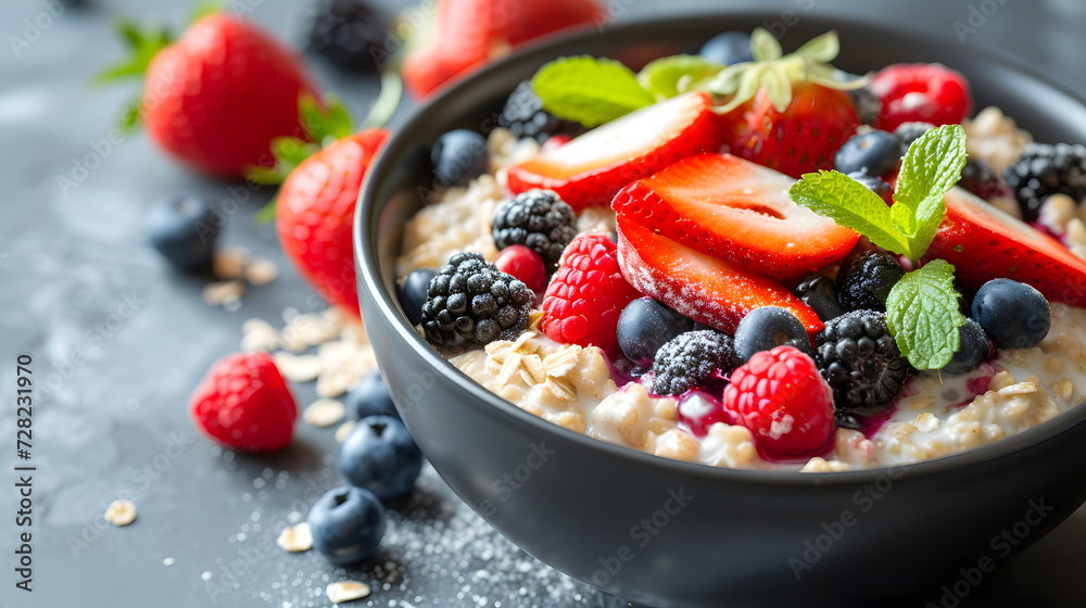 Oatmeal with fresh berries in a bowl on the table. Healthy breakfast. Oatmeal with fresh berries in a bowl on the table. Healthy breakfast.