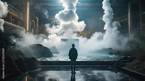 a man standing in a dark room with steam pouring out of it photo