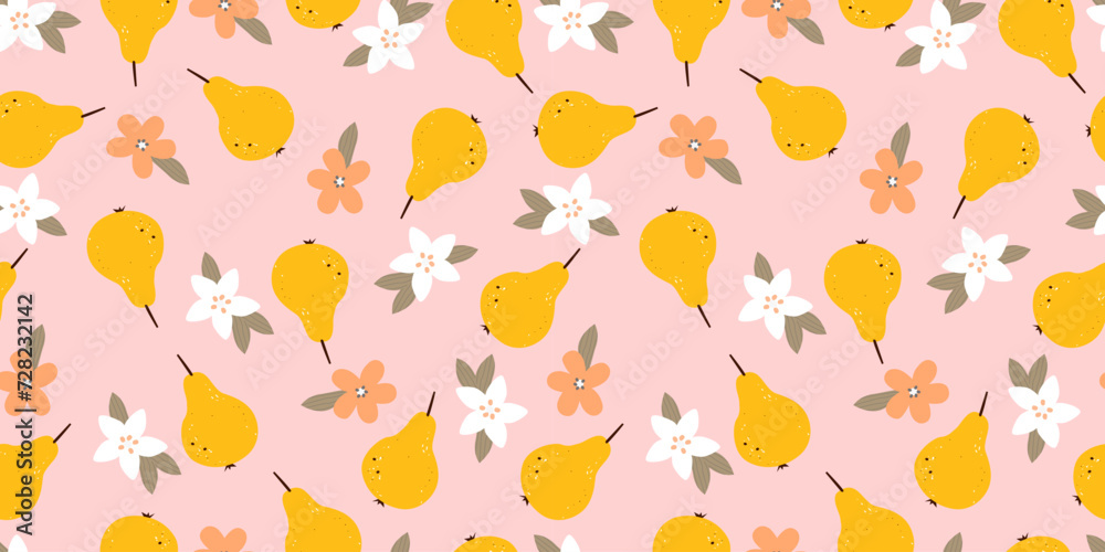 Abstract summer and spring pears pattern. Trendy fashion fruit background. Great for fabric, drawing labels, print on t-shirt, wallpaper of children's room, posters, cards
