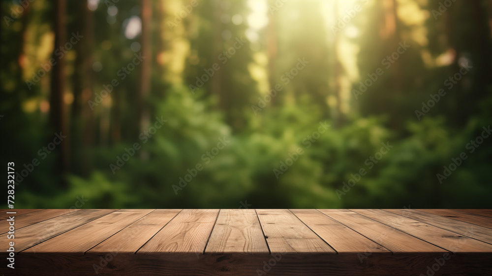 Empty wooden table with forest background