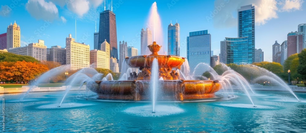 Obraz premium the Iconic Buckingham Fountain in Downtown Chicago: A Buckingham Fount Gem in the Heart of Downtown Chicago
