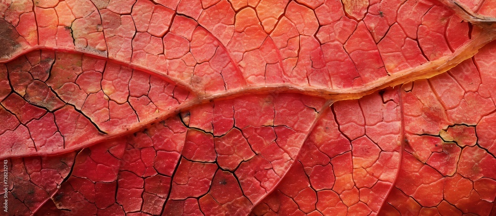 Fototapeta premium Close-Up Autumn Red Leaf Texture: A Vibrant Close-Up of a Red Autumn Leaf Enhancing its Unique Texture