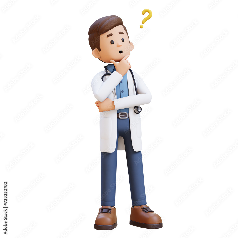 3D Doctor Character Confused and Thinking Pose. Suitable for Medical content