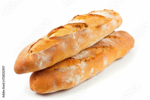 Two freshly baked baguettes isolated on white background