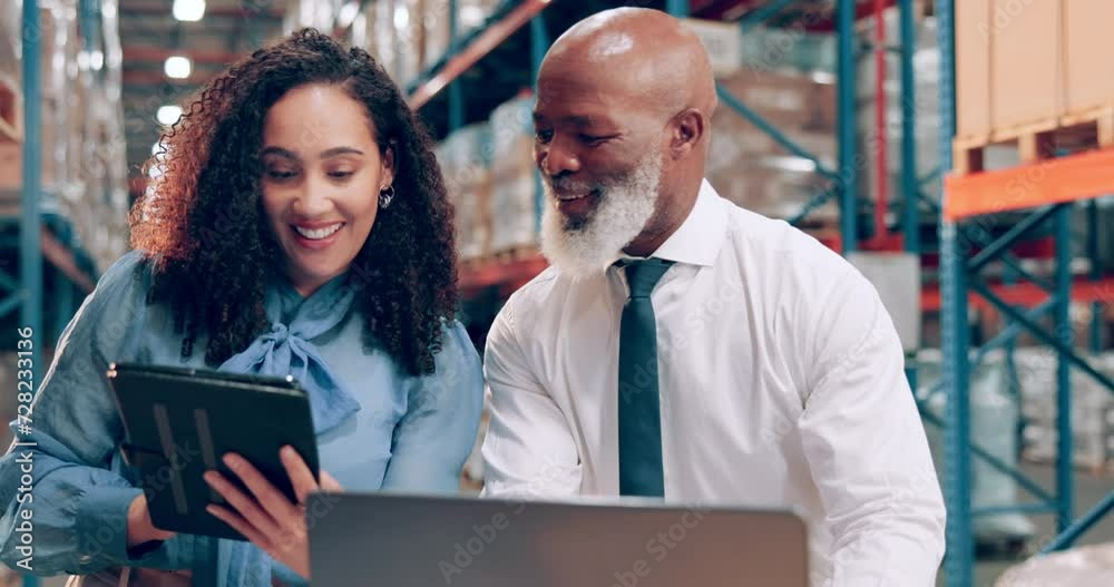 Team, engineer and planning on tablet in factory for distribution, shipping or smile. Conversation, mature black man and warehouse supervisor on laptop for logistics, storage or inventory management