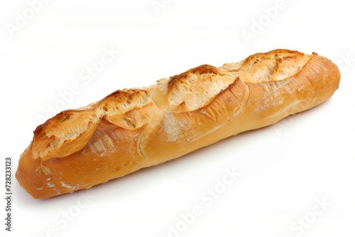 A freshly baked baguette isolated on white background