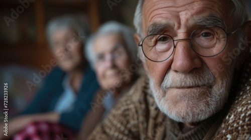 A middleaged man surrounded by his elderly relatives all reminiscing about the good old days.