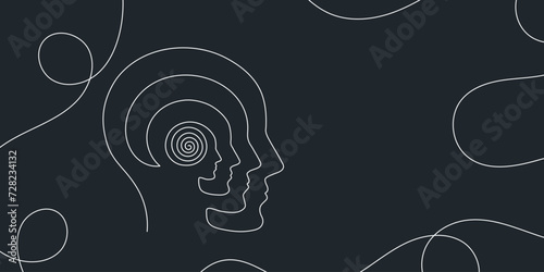 Metaphor bipolar disorder, Double face, Split personality, Parkinson, Psychology, Dual personality Mental health concept continuous one line drawing vector. 
