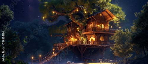 Night View of a Majestic Big Wooden Tree House in Sur