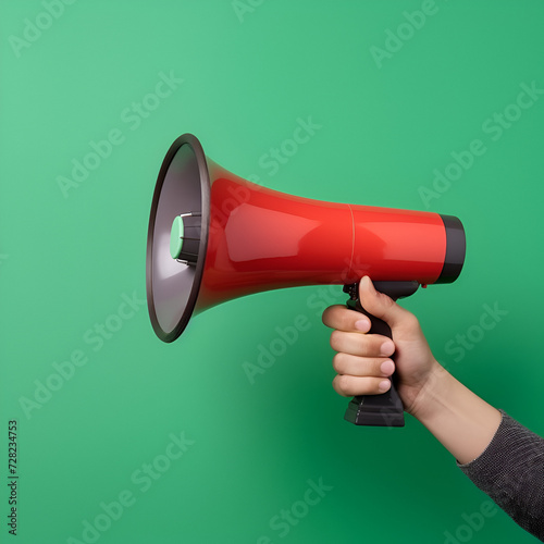 Hand holding megaphone isolated on green background 