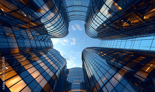 Business office towers rise against a bright blue sky, creating dynamic landscapes with detailed architecture. The skyscrapers reflect the sky, adding depth to the scene when viewed from a low angle.
