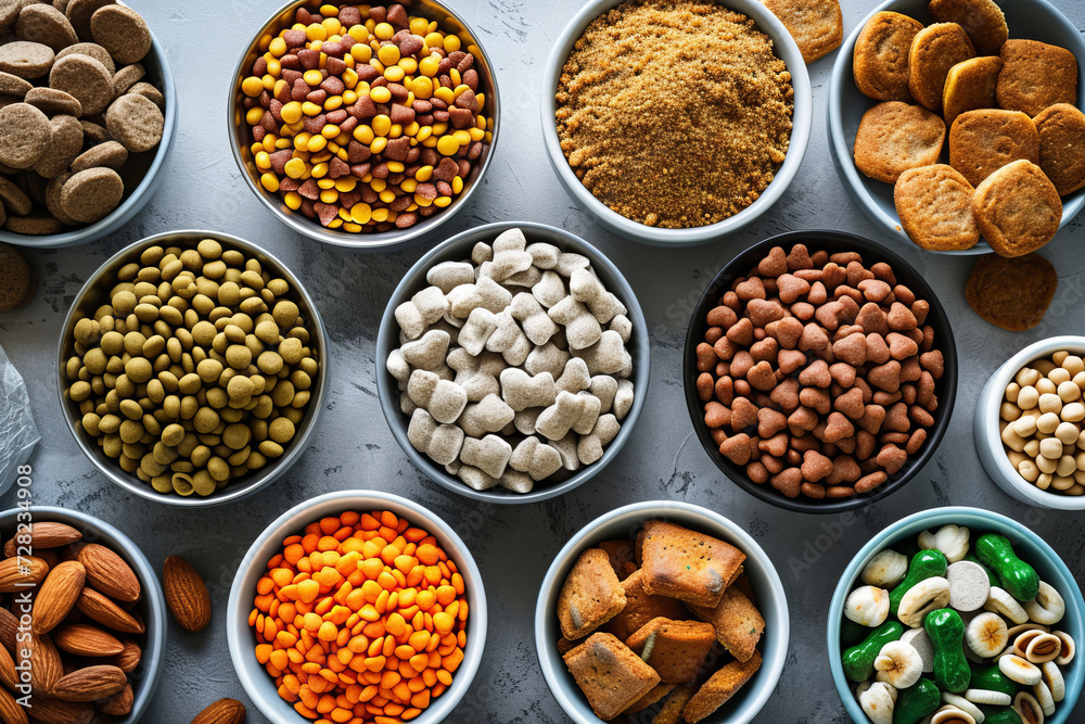 An assortment of wholesome pet foods and treats artfully displayed, emphasizing the significance of pet nutrition and well-being. An assortment of wholesome pet foods and treats artfully displayed, emphasizing the significance of pet nutrition and well-being.