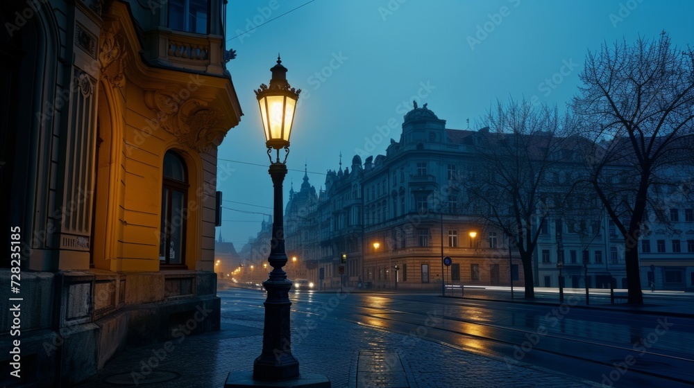 Solitary lamppost at a crossroads in Prague's historical center during the early morning, evoking contemplation and the choice of paths
