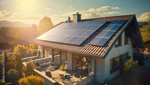 Photovoltaic panels on the roof . Roof Of Solar Panels. View of solar panels (solar cell) in the roof house with sunlight