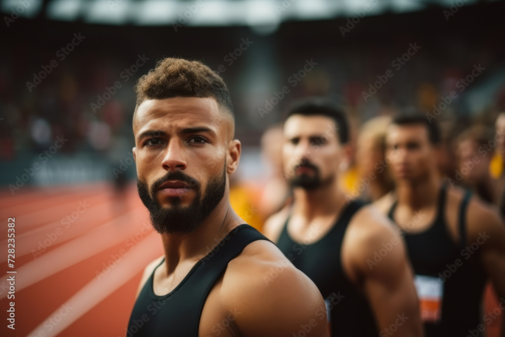 Portrait of a focused male athlete at the start of a sporting event in a stadium Portrait of a focused male athlete at the start of a sporting event in a stadium
