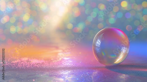 Iridescent soap bubble on sparkling gradient surface, symbolizing transience and delicate beauty in a colorful setting © Breezze