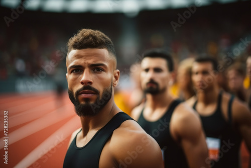 Portrait of a focused male athlete at the start of a sporting event in a stadium