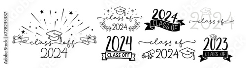 CLASS OF 2024 set of graduation logo with cap and diploma for high school, college graduate. Template for graduation design, party. Hand drawn font for yearbook class of 2024. Vector illustration.