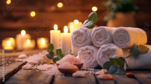 A serene spa setup featuring rolled towels, lit candles, and Himalayan salt on a rustic wooden background for relaxation.