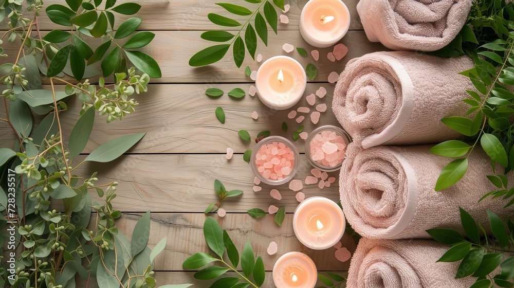 A serene spa setup featuring rolled towels, lit candles, and Himalayan salt on a rustic wooden background for relaxation. A serene spa setup featuring rolled towels, lit candles, and Himalayan salt on a rustic wooden background for relaxation.